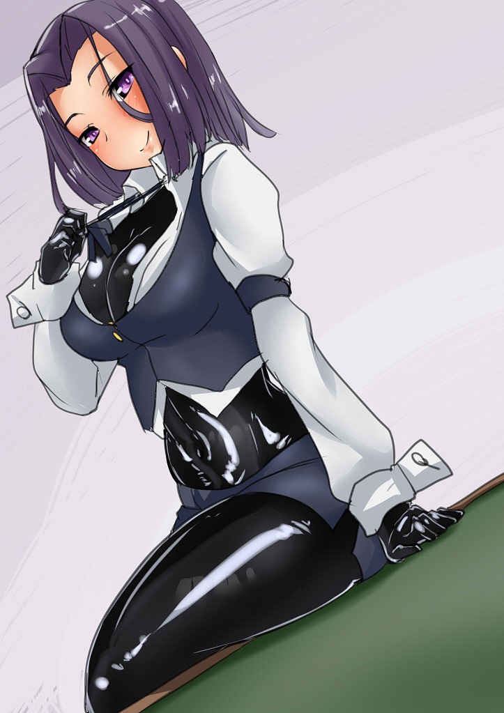 alternate_costume arm_strap arm_support ayuayu_(shouyu_no_sato) blush bodysuit bodysuit_under_clothes bow bowtie breasts casino_card_table cleavage closed_mouth cosplay cropped_vest croupier dutch_angle kantai_collection latex lavender_background lips long_sleeves looking_at_viewer medium_breasts navel open_clothes open_shirt pencil_skirt purple_eyes purple_hair rio_rollins rio_rollins_(cosplay) shiny shiny_clothes shirt simple_background sitting sitting_on_table skin_tight skirt solo table tatsuta_(kantai_collection) thighs vest