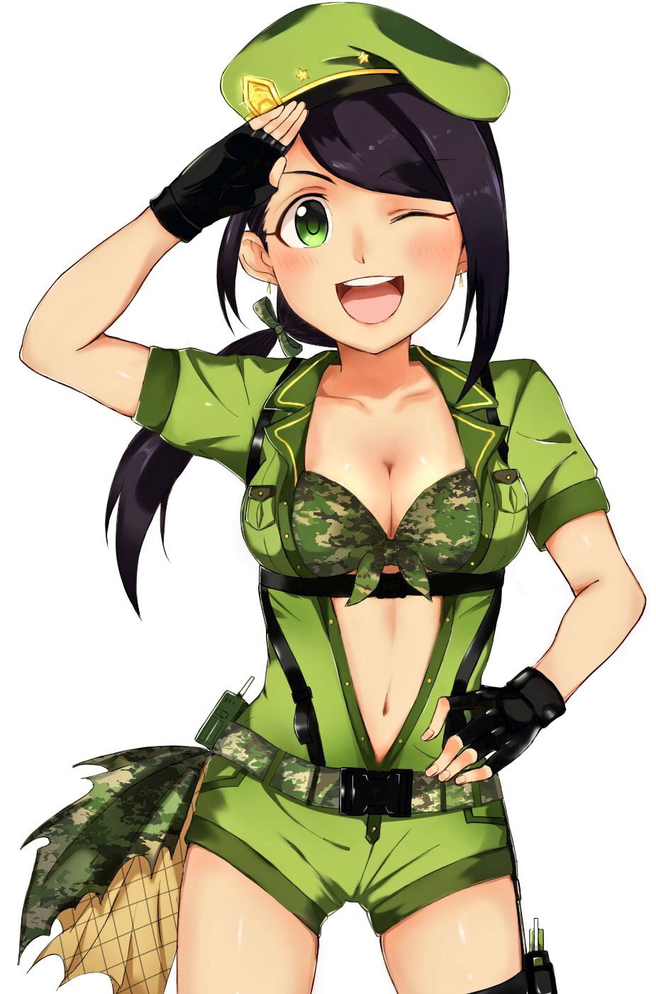 ;d bangs belt beret bikini bikini_top black_gloves black_hair breasts camouflage camouflage_bikini center_opening cleavage earrings fingerless_gloves front-tie_bikini front-tie_top gloves green_eyes hat highres holster idolmaster idolmaster_cinderella_girls idolmaster_cinderella_girls_starlight_stage jewelry long_hair looking_at_viewer low_ponytail medium_breasts navel one_eye_closed open_mouth overalls ponytail salute simple_background smile solo swept_bangs swimsuit thigh_holster underbust vivid_(key) walkie-talkie white_background yamato_aki