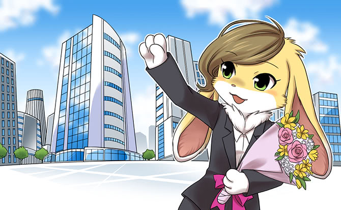 anthro bouquet brown_hair building business_suit clothing female fluffy fur green_eyes hair lagomorph mammal official_art open_mouth rabbit solo suit tenshoku_safari unknown_artist usagine_(tenshoku_safari) waving white_fur yellow_fur
