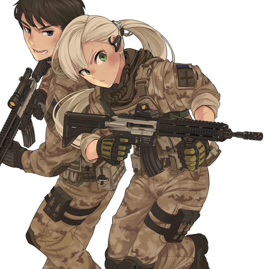 1girl action assault_rifle bad_source belt belt_pouch black_footwear blonde_hair blue_eyes boots brown_hair bruise camouflage closed_mouth desert_pattern dirty earpiece eotech gloves green_eyes gun heckler_&amp;_koch hk416 injury knee_pads load_bearing_vest long_hair military military_uniform multicolored multicolored_clothes multicolored_gloves open_mouth original ponytail pouch rifle scope serious simple_background sin_gun_woo sleeves_rolled_up thigh_strap trigger_discipline uniform weapon white_background