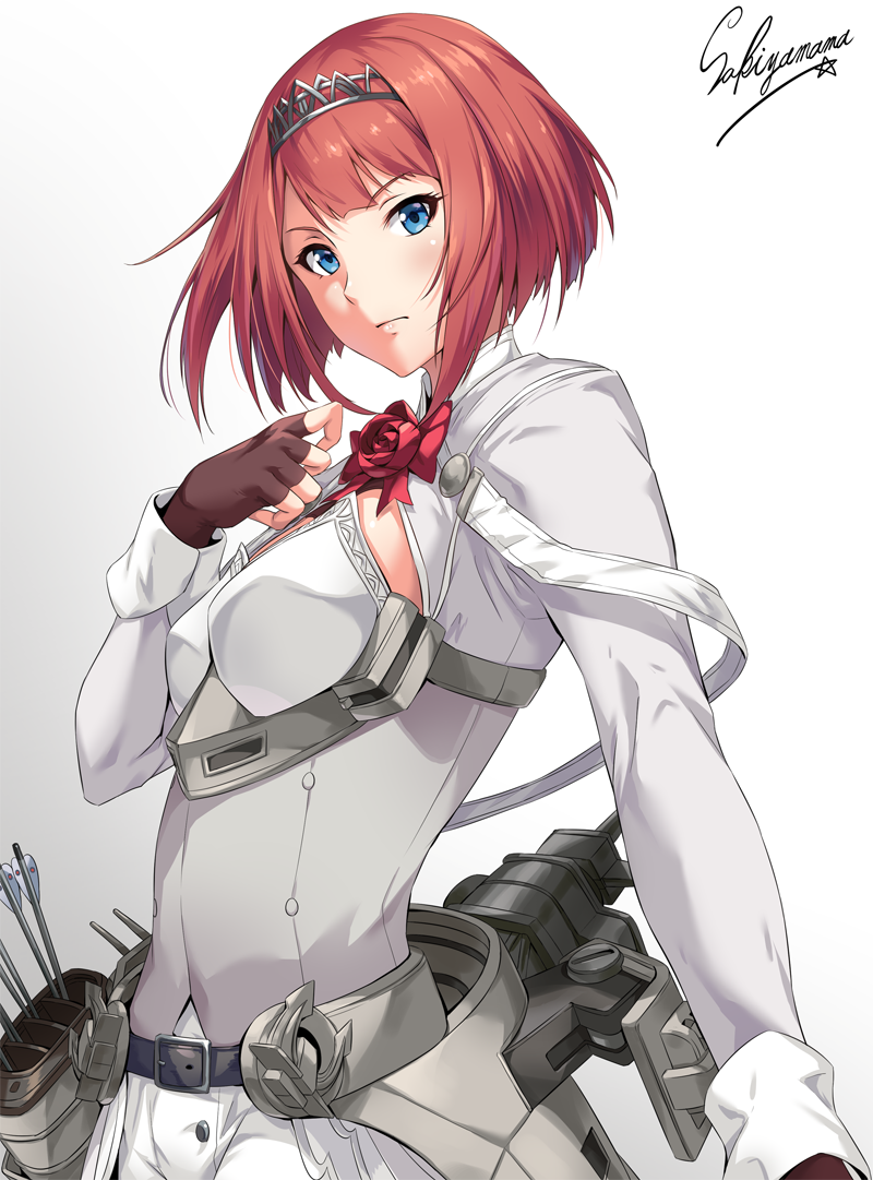 anchor ark_royal_(kantai_collection) artist_name belt black_belt blue_eyes bob_cut bow breasts brown_gloves cleavage cleavage_cutout dress fingerless_gloves gloves grey_dress half_gloves kantai_collection long_sleeves looking_at_viewer quiver red_bow red_hair rigging sakiyamama short_hair simple_background small_breasts solo tiara upper_body white_background