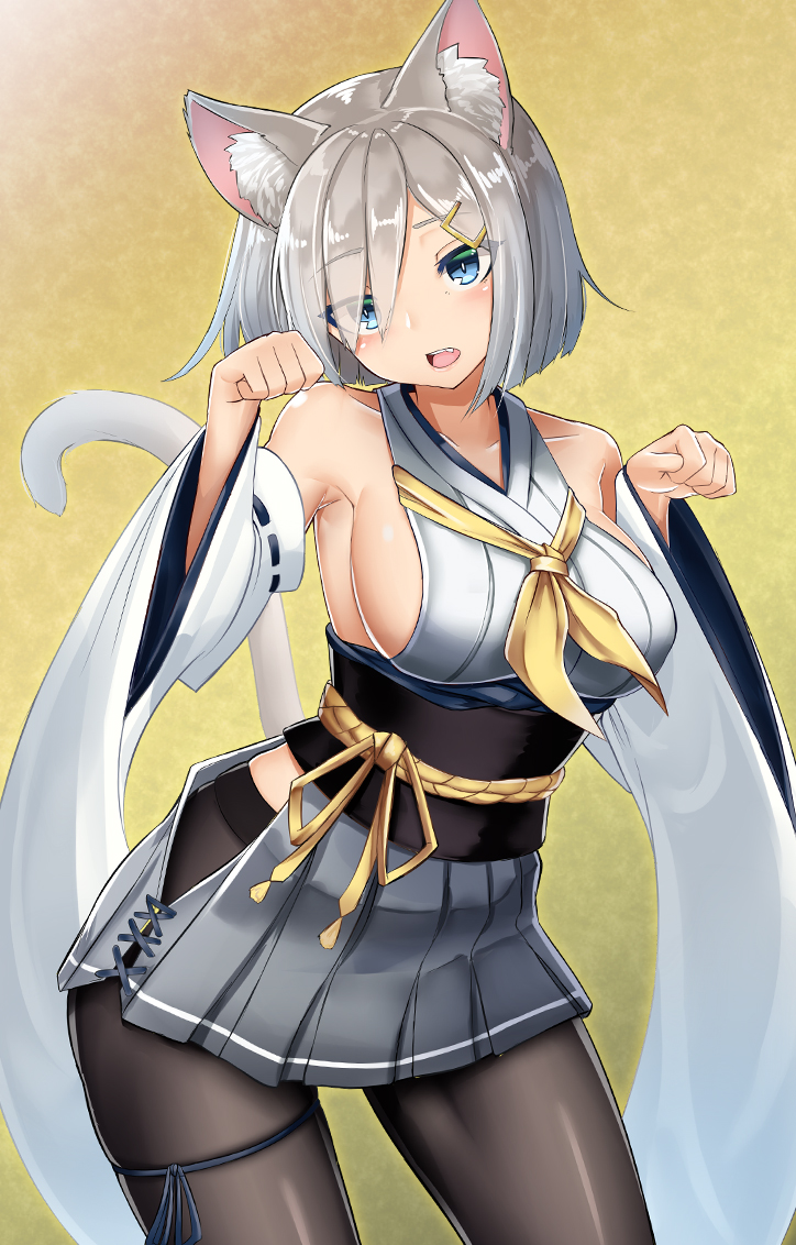 adapted_costume animal_ears azur_lane bangs black_legwear blue_eyes blush breasts cat_ears cat_tail commentary_request contrapposto cowboy_shot detached_sleeves eyebrows_visible_through_hair eyes_visible_through_hair grey_hair grey_skirt hair_over_one_eye hamakaze_(kantai_collection) hands_up kantai_collection large_breasts looking_at_viewer obi open_mouth pantyhose paw_pose pleated_skirt ribbon-trimmed_sleeves ribbon_trim sash short_hair silver_hair sin_(kami148) skirt sleeveless solo standing tail teeth thighs