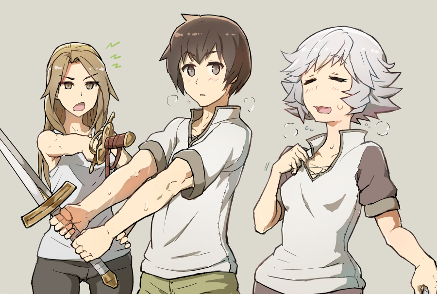 2girls brown_eyes brown_hair farrah_(granblue_fantasy) flying_sweatdrops foreshortening granblue_fantasy grey_background hand_on_hip katalina_aryze multiple_girls open_mouth scabbard sheath short_sleeves simple_background sleeveless sweat sword training weapon yuri_(granblue_fantasy) yuugiri