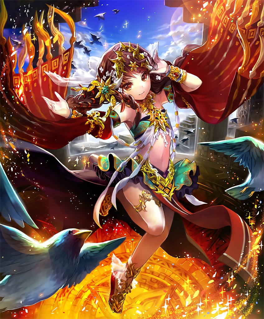 anklet artist_request bird bracelet braid brown_eyes brown_hair cygames dancer detached_sleeves gold gold_trim hair_ornament jewelry light_smile lorea_dancer_of_the_sun navel necklace official_art shadowverse shingeki_no_bahamut sky thighhighs twin_braids
