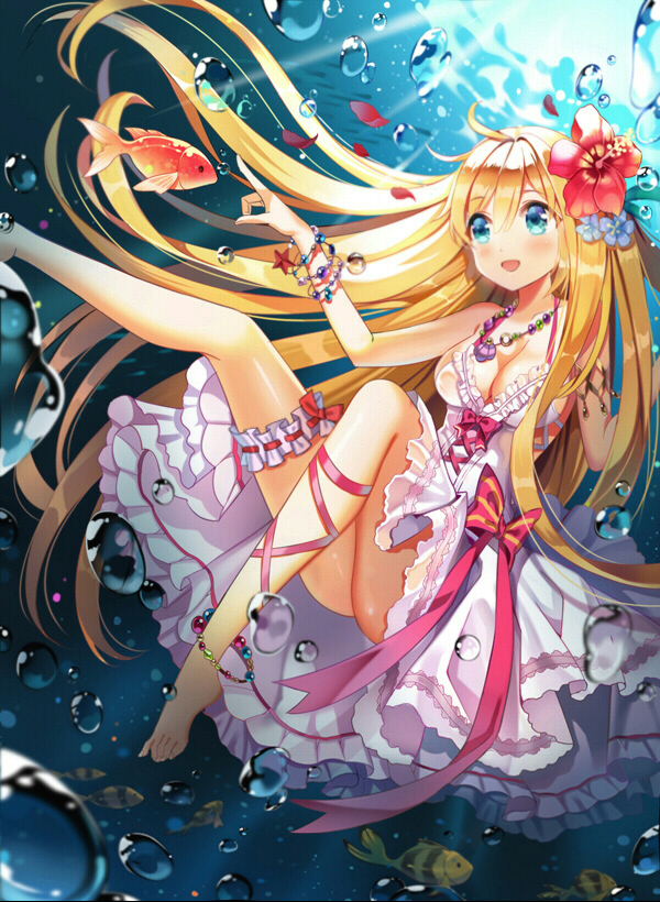 absurdly_long_hair anklet ass barefoot blonde_hair blue_eyes blush bracelet breasts bubble character_request cleavage eyebrows_visible_through_hair fish jewelry large_breasts long_hair looking_away necklace open_mouth smile solo sword_girls underwater very_long_hair yuja