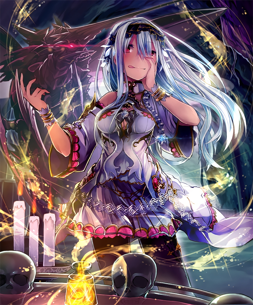 animal artist_request bare_shoulders beetle bracelet bug cave ceridwen cygames eyebrows_visible_through_hair glowing glowing_eyes hand_on_own_face insect jewelry long_hair official_art oversized_animal pantyhose red_eyes shadowverse shingeki_no_bahamut skirt skull tongue tongue_out uneven_eyes vial white_hair