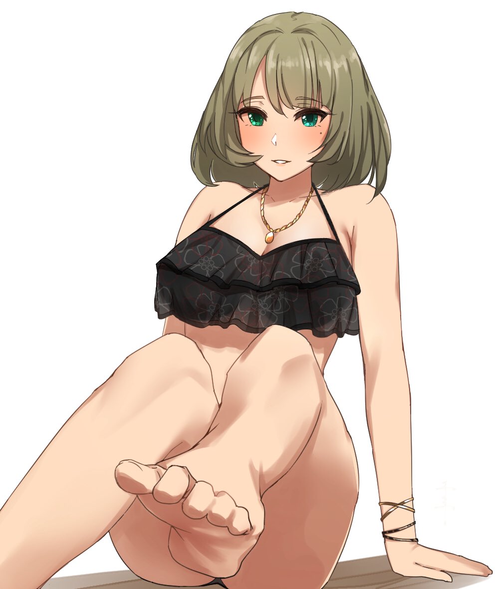 1girl bangs bare_shoulders barefoot blue_eyes blush bracelet breasts eyebrows_visible_through_hair feet green_eyes heterochromia idolmaster idolmaster_cinderella_girls large_breasts legs looking_at_viewer mole mole_under_eye necklace parted_lips sente short_hair simple_background sitting solo swimsuit takagaki_kaede toes white_background