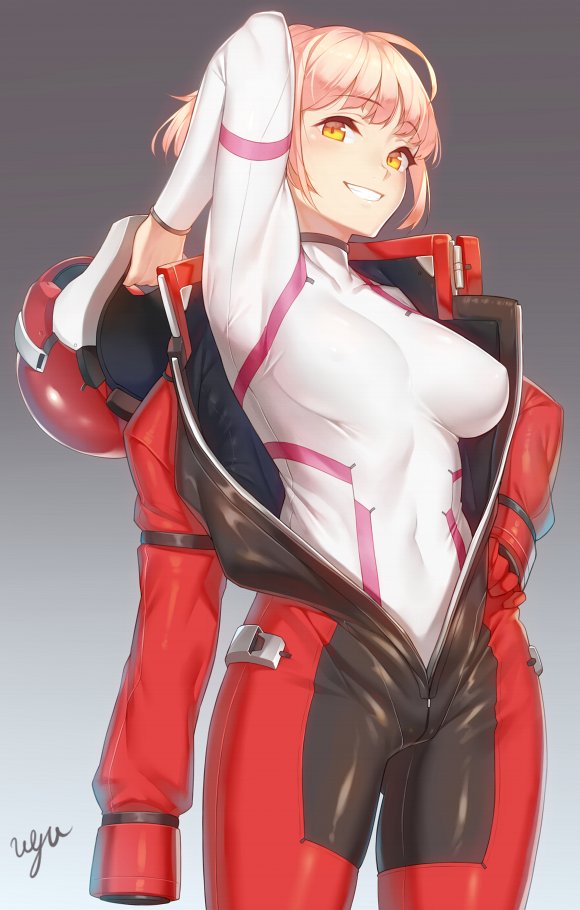 biker_clothes bikesuit bodysuit breasts character_request covered_collarbone covered_navel covered_nipples gradient gradient_background grin headwear_removed helmet helmet_removed large_breasts pink_hair shirousagi_uyu signature smile solo unzipped yellow_eyes