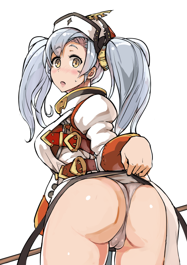 ass bad_anatomy belt blush breasts buckle cameltoe cowboy_shot granblue_fantasy hat large_breasts lifted_by_self long_hair long_sleeves looking_at_viewer looking_back open_mouth silver_hair simple_background skirt skirt_lift solo sophia_(granblue_fantasy) strap sweatdrop twintails white_background yellow_eyes yuugiri