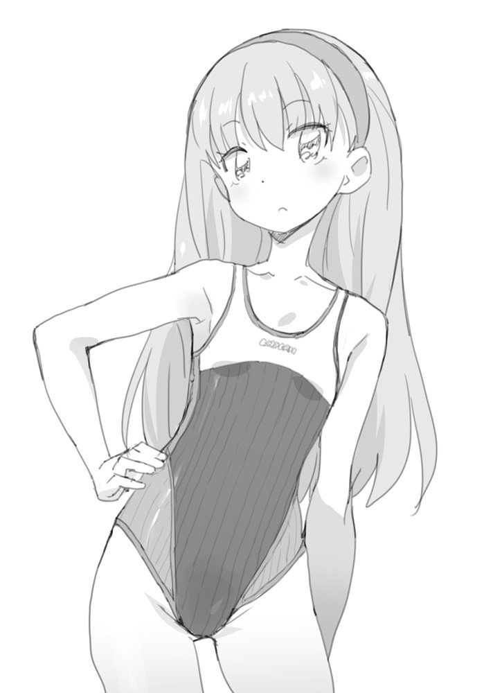ass_visible_through_thighs competition_swimsuit cowboy_shot flat_chest greyscale hairband hand_on_hip leaning_to_the_side long_hair monochrome multicolored multicolored_clothes multicolored_swimsuit one-piece_swimsuit ookamiuo pripri_chi-chan!! saeki_yuka simple_background solo swimsuit
