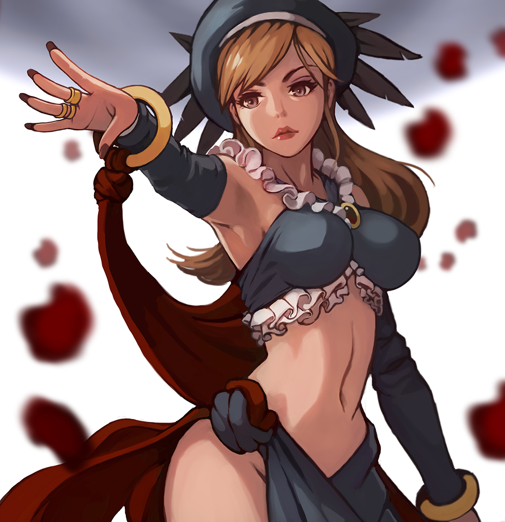 armpits bare_shoulders blonde_hair blurry breasts brown_eyes closed_mouth commentary cowboy_shot depth_of_field detached_sleeves hat kzzang lipstick long_hair makeup medium_breasts navel no_panties original pelvic_curtain red_lipstick solo stomach