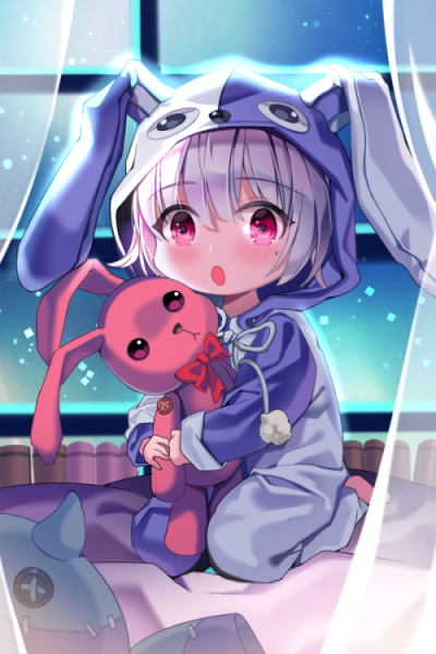 animal_hood blush bunny_hood character_request copyright_request eyebrows_visible_through_hair holding holding_stuffed_animal hood indoors looking_at_viewer male_focus mole mole_under_eye open_mouth pink_eyes seiza sitting solo stuffed_animal stuffed_bunny stuffed_toy window yuja