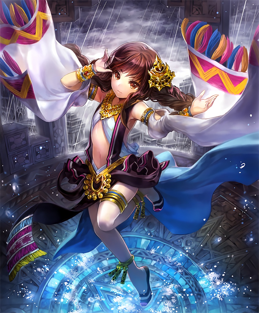 anklet artist_request bracelet braid brown_eyes brown_hair cygames dancer detached_sleeves gold hair_ornament jewelry lorea_dancer_of_the_sun navel necklace official_art rain serious shadowverse shingeki_no_bahamut solo twin_braids
