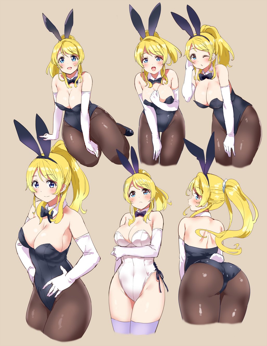 animal_ears ass ayase_eli bare_shoulders beige_background bent_over black_footwear black_legwear black_leotard black_neckwear blonde_hair blue_eyes blush bow bowtie breast_hold breasts bunny_ears bunnysuit cleavage commentary cropped_legs detached_collar elbow_gloves fake_animal_ears from_behind gloves highleg highleg_leotard highres kurokawa_makoto large_breasts leaning_forward leotard long_hair looking_at_viewer love_live! love_live!_school_idol_project multiple_views one_eye_closed open_mouth pantyhose shiny shiny_clothes shoes simple_background sitting smile thigh_gap thighhighs white_gloves white_legwear white_leotard