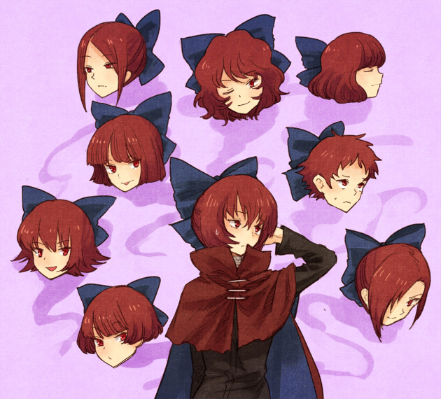alternate_hairstyle bow cape closed_eyes comparison covering_one_eye disembodied_head hair_bow hair_ornament jpeg_artifacts long_sleeves looking_at_viewer looking_up one_eye_closed open_mouth profile red_eyes red_hair sekibanki shirt short_hair simple_background smile sweatdrop touhou urin