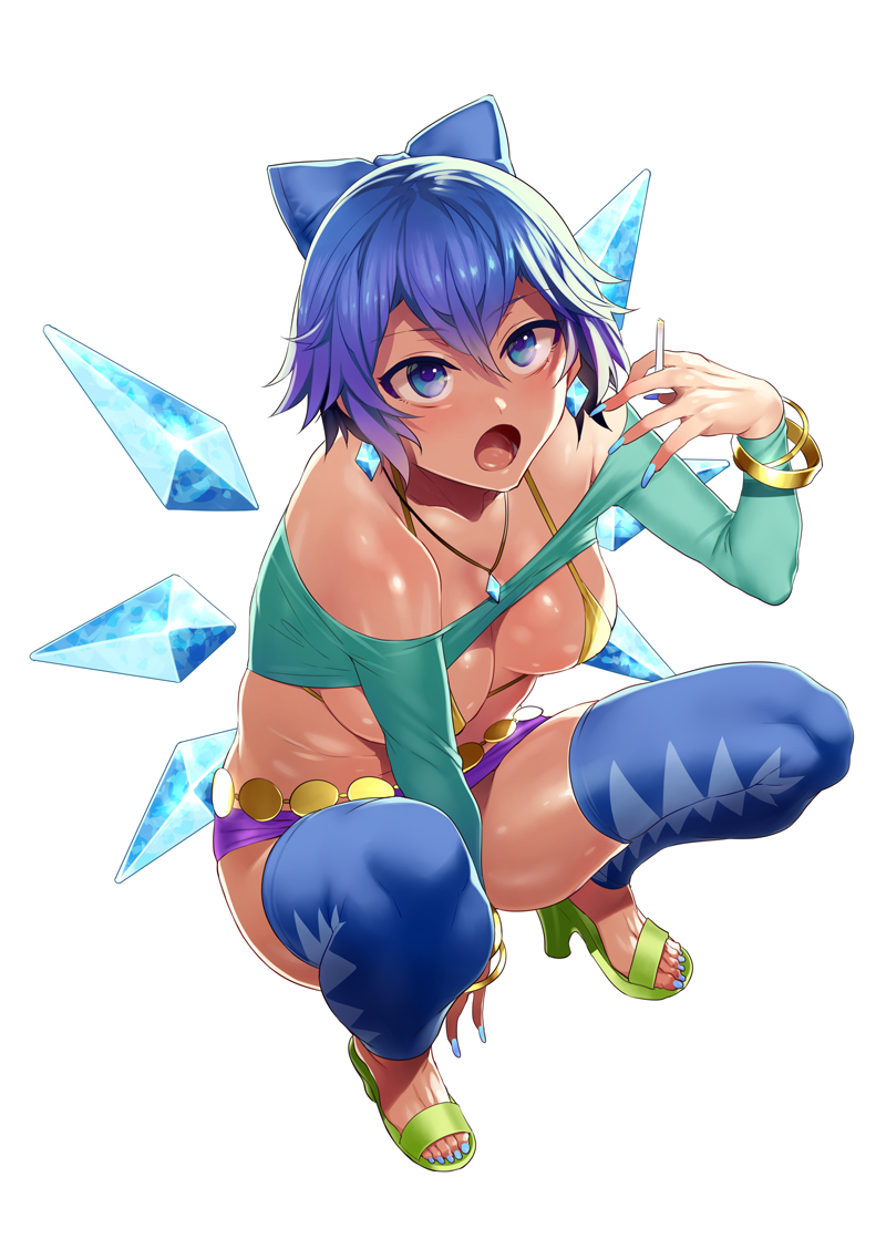 :o alternate_breast_size argyle argyle_legwear bangs bare_shoulders between_fingers between_legs blue_eyes blue_hair blue_legwear blue_nails blue_wings bow bracelet breasts cigarette cirno cleavage commentary_request earrings eyebrows_visible_through_hair fairy_wings fingernails full_body green_footwear gyaru hair_between_eyes hair_bow hand_between_legs hand_up high_heels ice ice_wings jewelry long_fingernails long_sleeves long_toenails looking_up medium_breasts micro_bikini_top microskirt mizuryuu_kei nail_polish necklace off-shoulder_shirt older open_mouth open_toe_shoes purple_skirt shiny shiny_skin shirt shoes short_hair simple_background skirt solo squatting tanned_cirno thighhighs toenail_polish toenails toes touhou white_background wings yellow_bikini_top