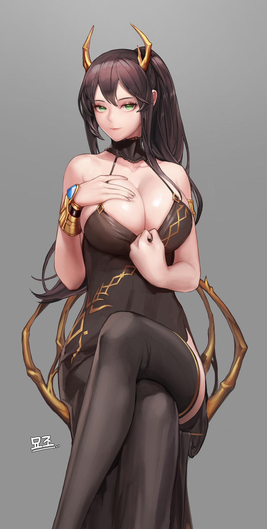 antlers arm_guards armlet bangs bare_arms bare_shoulders black_dress blush breasts brown_hair closed_mouth collarbone crossed_legs dress dungeon_and_fighter female_slayer_(dungeon_and_fighter) foreshortening green_eyes half-closed_eyes hand_on_own_chest highres large_breasts long_hair looking_at_viewer monaim ponytail seductive_smile shiny shiny_skin side_slit sidelocks sleeveless sleeveless_dress smile solo spaghetti_strap teasing thighhighs tsurime