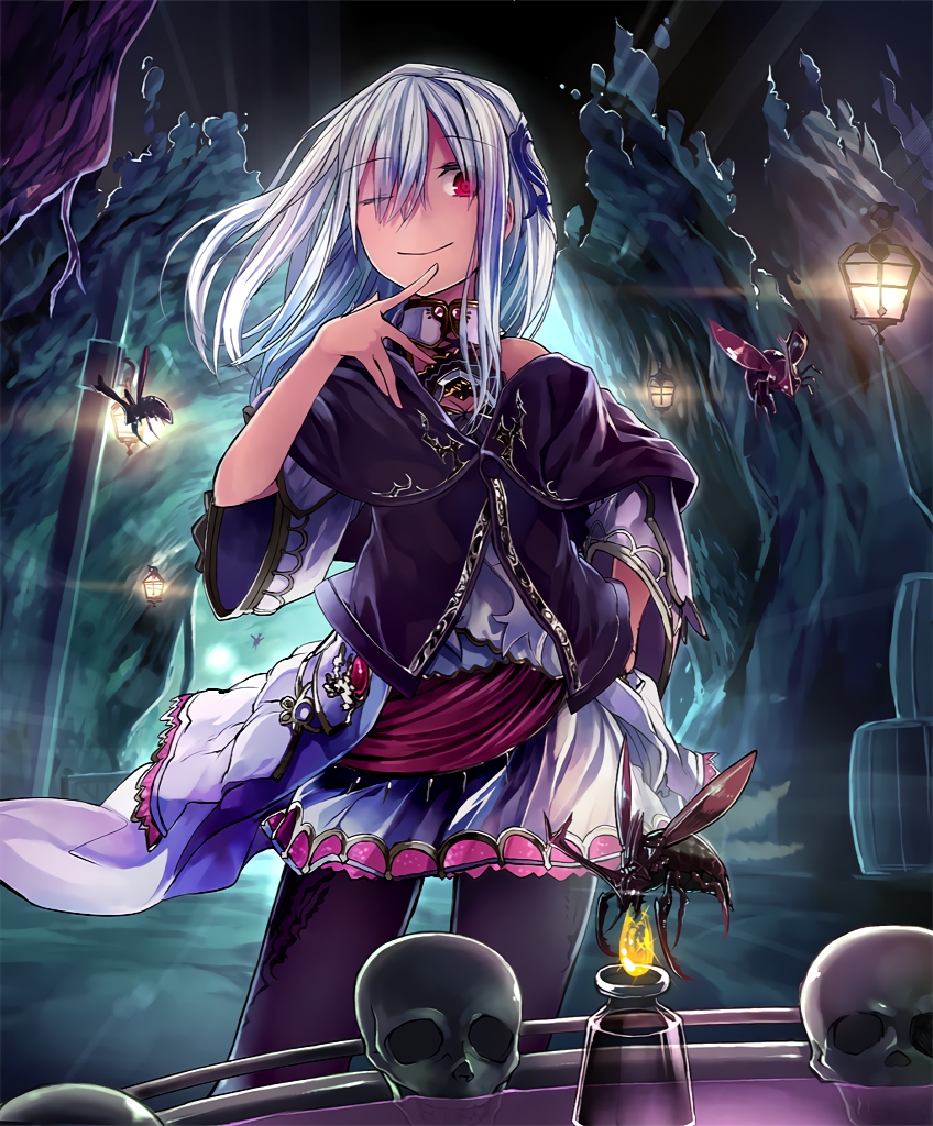 artist_request bare_shoulders beetle bug capelet cave ceridwen cygames eyebrows_visible_through_hair finger_to_mouth hand_on_hip insect lantern medium_hair official_art one_eye_closed pantyhose red_eyes shadowverse shingeki_no_bahamut skirt skull vial white_hair