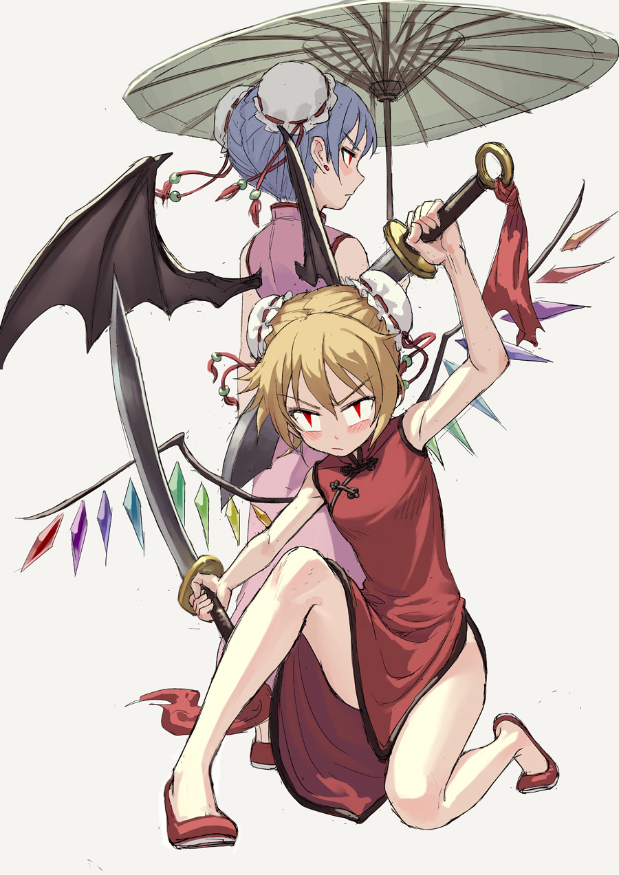 alternate_costume alternate_hairstyle bare_arms bare_legs bat_wings blonde_hair blue_hair bun_cover china_dress chinese_clothes double_bun dress dual_wielding earrings fkey flandre_scarlet highres holding holding_sword holding_umbrella holding_weapon jewelry multiple_girls one_knee oriental_umbrella pink_dress red_dress red_eyes red_footwear red_ribbon remilia_scarlet ribbon ribbon_trim siblings simple_background sisters standing sword touhou umbrella weapon wings
