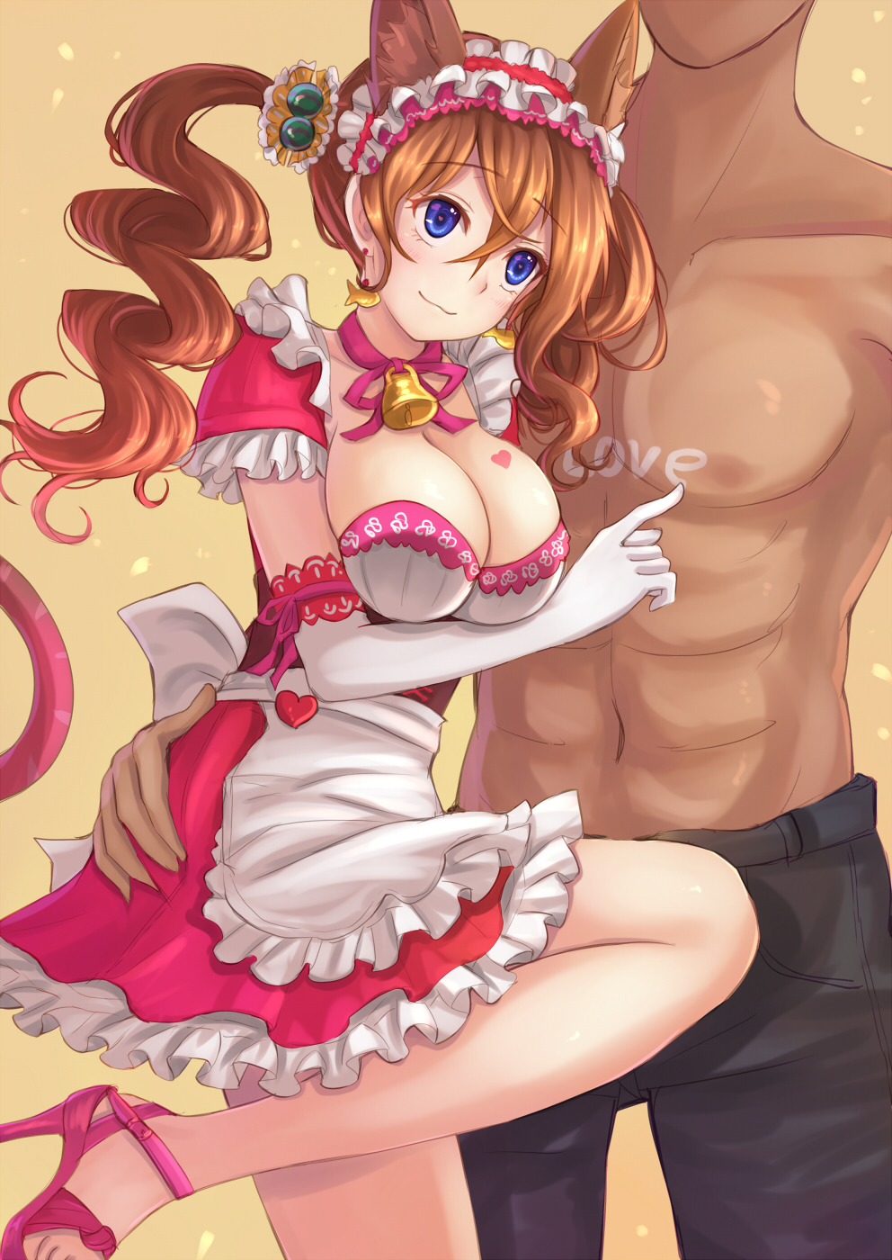 1girl animal_ears apron bell blue_eyes blush breasts choker cleavage closed_mouth commentary dress ear_piercing elbow_gloves frilled_dress frills gloves heart_tattoo high_heels highres large_breasts long_hair maid maid_headdress orange_hair original piercing red_dress ribbon_choker smile solo_focus suikakitsu_shiro tattoo waist_apron white_gloves writing xia_you_qing
