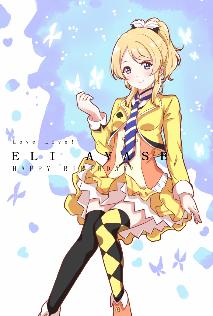 ayase_eli birthday black_legwear blazer blonde_hair blue_eyes character_name checkered checkered_legwear copyright_name english happy_birthday jacket long_hair love_live! love_live!_school_idol_project miniskirt momoold necktie ponytail skirt spade_(shape) striped striped_neckwear sunny_day_song thighhighs zettai_ryouiki