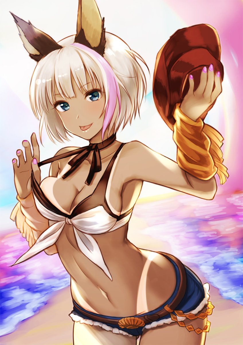 akai_kagerou animal_ears arm_warmers bangs bare_shoulders belt belt_buckle bikini_top blue_eyes breasts buckle chain chloe_(granblue_fantasy) choker cleavage collarbone commentary_request cowboy_hat dark_skin denim denim_shorts erune front-tie_top granblue_fantasy hat hat_removed headwear_removed highres hips holding holding_hat looking_at_viewer medium_breasts multicolored_hair nail_polish navel pink_nails short_hair short_shorts shorts smile solo strap_pull streaked_hair tan tanline thighs tongue tongue_out white_hair