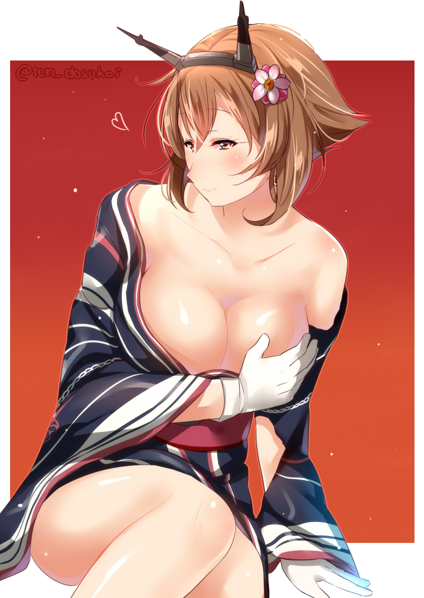 alternate_costume alternate_eye_color anchor breasts brown_eyes brown_hair collarbone commentary_request covering covering_breasts earrings eyebrows eyebrows_visible_through_hair flower gloves hair_between_eyes hair_flower hair_ornament headgear heart japanese_clothes jewelry juurouta kantai_collection kimono large_breasts long_sleeves mutsu_(kantai_collection) obi outside_border sash shiny shiny_hair shiny_skin short_hair solo sunset torn_clothes twitter_username white_gloves wide_sleeves yukata