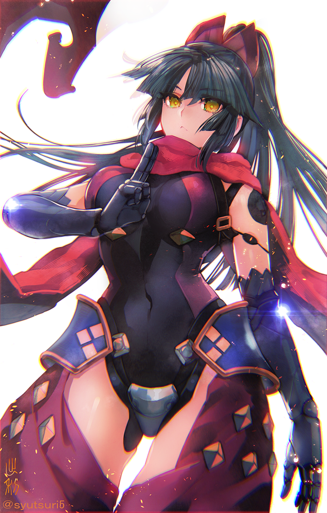 armor armored_boots bangs black_hair blunt_bangs boots breasts closed_mouth commentary_request covered_navel cowboy_shot elbow_gloves fate/grand_order fate_(series) gloves katou_danzou_(fate/grand_order) long_hair looking_at_viewer medium_breasts ponytail red_scarf robot_joints scared scarf shutsuri solo thighs twitter_username white_background yellow_eyes