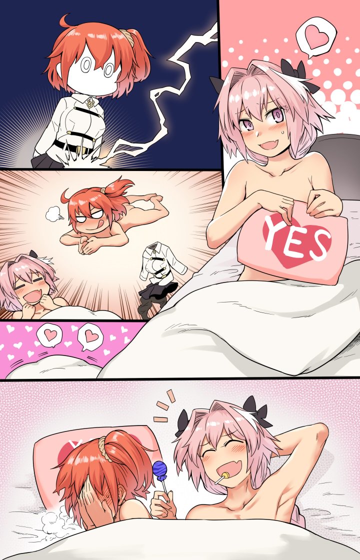 1girl ^_^ armpits ass assertive astolfo_(fate) candy chaldea_uniform closed_eyes comic commentary_request fate/apocrypha fate/grand_order fate_(series) food fujimaru_ritsuka_(female) heart hetero implied_sex lightning_bolt lollipop lupin_dive nude o_o otoko_no_ko pantyhose role_reversal ruined_for_marriage smile spoken_heart toritora yes yes-no_pillow