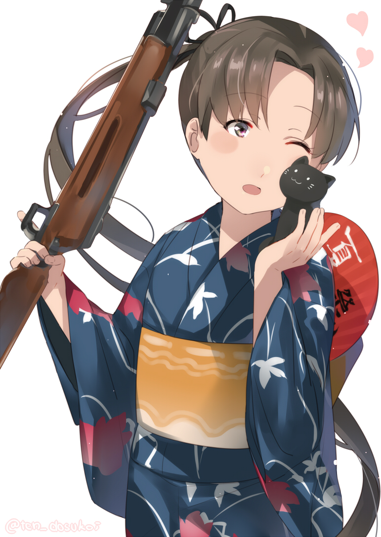 ;d ayanami_(kantai_collection) brown_hair fan heart holding holding_weapon japanese_clothes juurouta kantai_collection kimono long_hair one_eye_closed open_mouth paper_fan side_ponytail simple_background smile solo uchiwa weapon white_background yukata