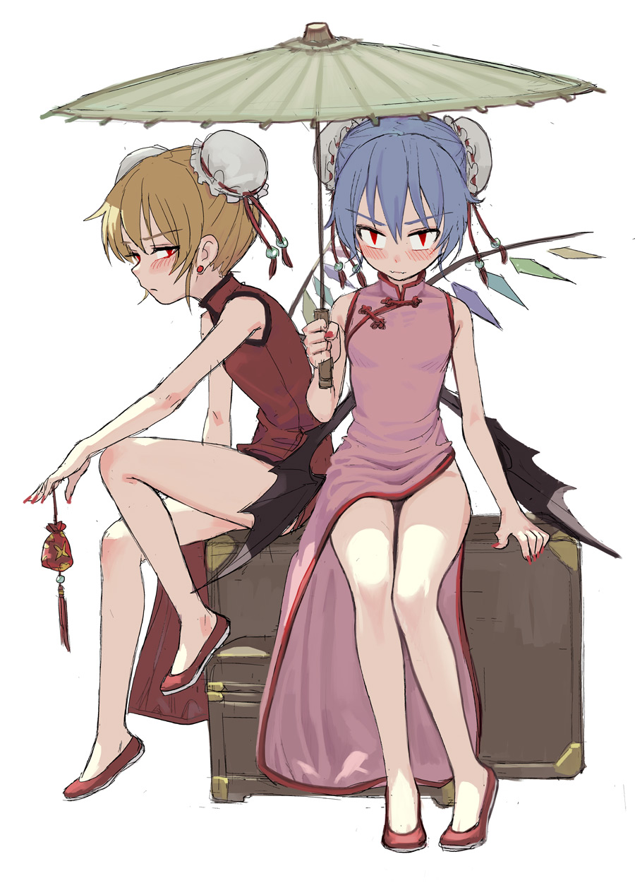 bare_legs blonde_hair blue_hair breasts bun_cover china_dress chinese_clothes closed_mouth double_bun dress earrings fangs_out fingernails fkey flandre_scarlet flats full_body highres jewelry legs long_fingernails looking_at_viewer low_wings multicolored multicolored_wings multiple_girls nail_polish oriental_umbrella pink_dress red_dress red_eyes red_nails remilia_scarlet siblings side_slit simple_background sisters sitting sketch small_breasts touhou umbrella white_background wings
