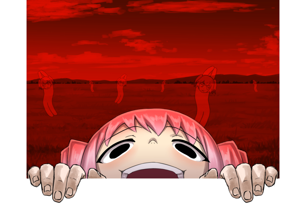 :d bangs black_eyes cloud cloudy_sky commentary empty_eyes eyebrows_visible_through_hair field fingernails fourth_wall horror_(theme) kantai_collection kunashiri_(kantai_collection) kune-kune looking_at_viewer misumi_(niku-kyu) open_mouth outside_border peeking_out pink_hair red sky smile what