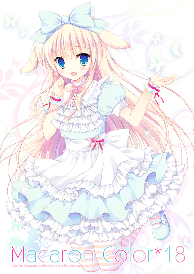 :d alice_in_wonderland animal_ears apron bangs blonde_hair blue_bow blue_dress blue_eyes blue_footwear bow bug bunny_ears butterfly collar commentary_request cover cover_page doujin_cover dress eyebrows_visible_through_hair frilled_apron frilled_collar frilled_dress frills full_body hair_between_eyes hair_bow hasekura_chiaki insect layered_dress long_hair looking_at_viewer mary_janes neck_ribbon open_mouth original pantyhose pink_ribbon puffy_short_sleeves puffy_sleeves ribbon shoes short_sleeves smile solo striped striped_bow striped_legwear vertical-striped_dress vertical_stripes very_long_hair waist_apron white_apron wrist_cuffs