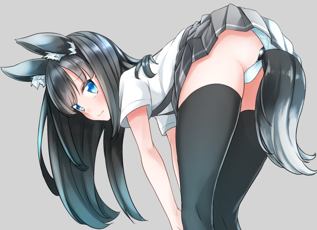 anal anal_object_insertion anal_tail animal_ears asashio_(kantai_collection) ass bent_over black_legwear blue_eyes blue_panties blush butt_plug closed_mouth comah commentary fake_tail fox_ears from_side grey_background grey_skirt hands_on_own_knees kantai_collection kemonomimi_mode long_hair looking_at_viewer looking_to_the_side object_insertion panties panties_aside pantyshot pantyshot_(standing) pleated_skirt shirt short_sleeves simple_background skirt solo standing suspender_skirt suspenders tail thighhighs underwear upskirt white_shirt