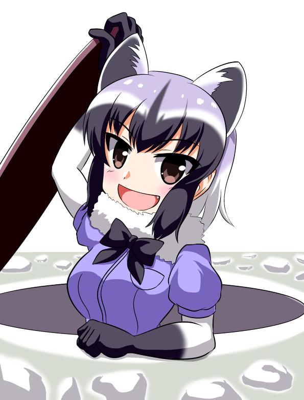 :d animal_ears black_gloves black_hair blush breast_pocket brown_eyes commentary_request common_raccoon_(kemono_friends) extra_ears fang fur_collar gloves grey_hair kemono_friends looking_at_viewer manhole manhole_cover multicolored_hair open_mouth parody pocket raccoon_ears sasanishiki_48 short_sleeves smile solo upper_body v-shaped_eyebrows