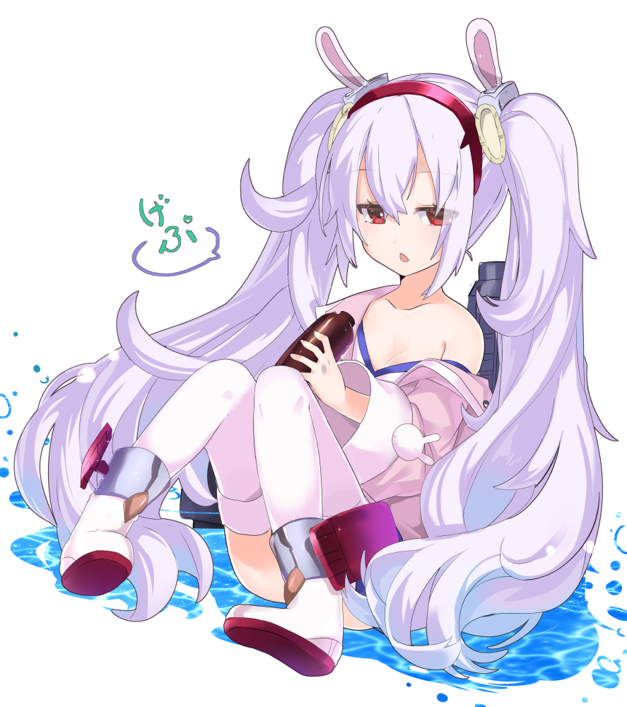 animal_ears azur_lane bangs bare_shoulders boots bottle breasts bunny_ears burp camisole check_commentary chestnut_mouth cleavage collarbone commentary_request eyebrows_visible_through_hair hair_between_eyes hair_ornament hairband holding holding_bottle jacket laffey_(azur_lane) long_hair long_sleeves looking_at_viewer nyori off_shoulder open_clothes open_jacket parted_lips pink_jacket purple_hair red_eyes red_hairband simple_background sitting small_breasts solo strap_slip thighhighs translated twintails very_long_hair water white_background white_footwear white_legwear wide_sleeves