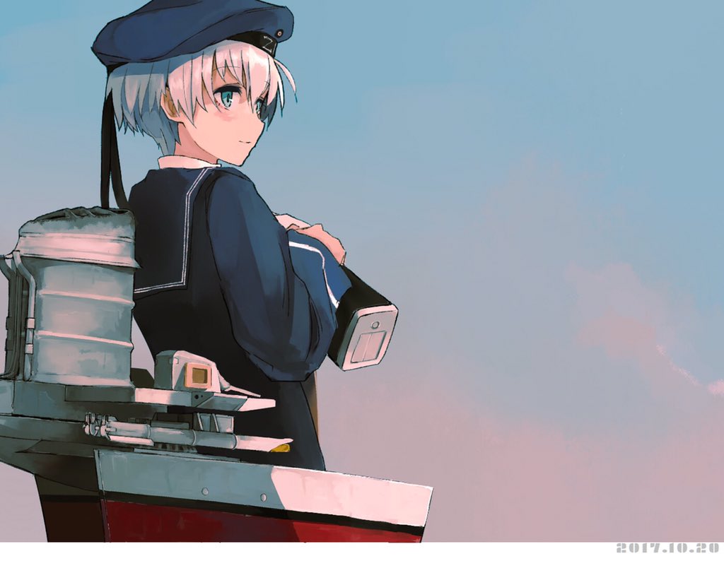 air_kon blonde_hair blue_eyes dated dress eyebrows_visible_through_hair hat kantai_collection long_sleeves machinery navy_blue_dress navy_blue_hat sailor_dress sailor_hat short_hair smile solo z1_leberecht_maass_(kantai_collection)