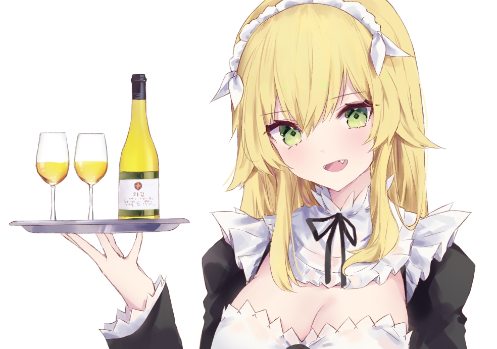 bangs blonde_hair blush bottle breasts cleavage commentary cup diamond-shaped_pupils drinking_glass eyebrows_visible_through_hair fang frederica_baumann green_eyes hair_between_eyes hair_flaps holding holding_tray long_hair long_sleeves looking_at_viewer maid maid_headdress medium_breasts open_mouth re:zero_kara_hajimeru_isekai_seikatsu simple_background smile solo symbol-shaped_pupils teeth tr_(hareru) tray tsurime white_background wine_bottle wine_glass