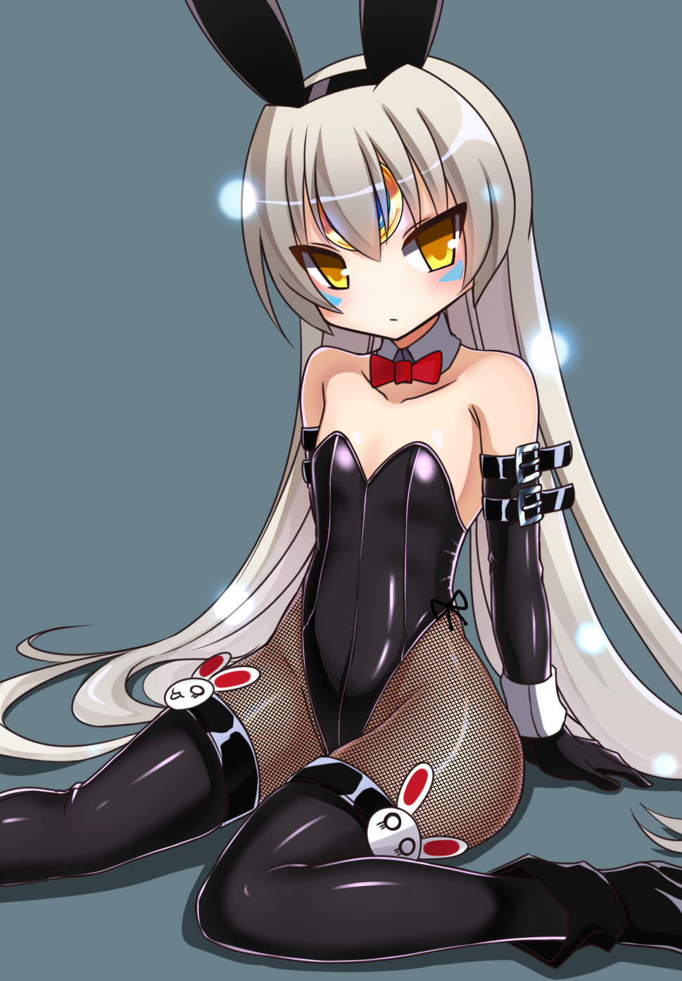 alice360 all_fours animal_ears black_footwear black_gloves black_legwear black_leotard boots bow bowtie bunny_ears bunnysuit detached_collar elbow_gloves elsword eve_(elsword) feet_out_of_frame fishnet_pantyhose fishnets flat_chest forehead_jewel gloves grey_background highres leotard long_hair looking_at_viewer pantyhose red_neckwear simple_background sitting solo strapless strapless_leotard thighhighs wariza white_hair wrist_cuffs yellow_eyes