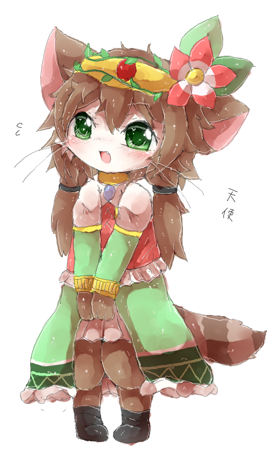 artist_request brown_hair cat cat_busters furry green_eyes hair_flower long_hair open_mouth