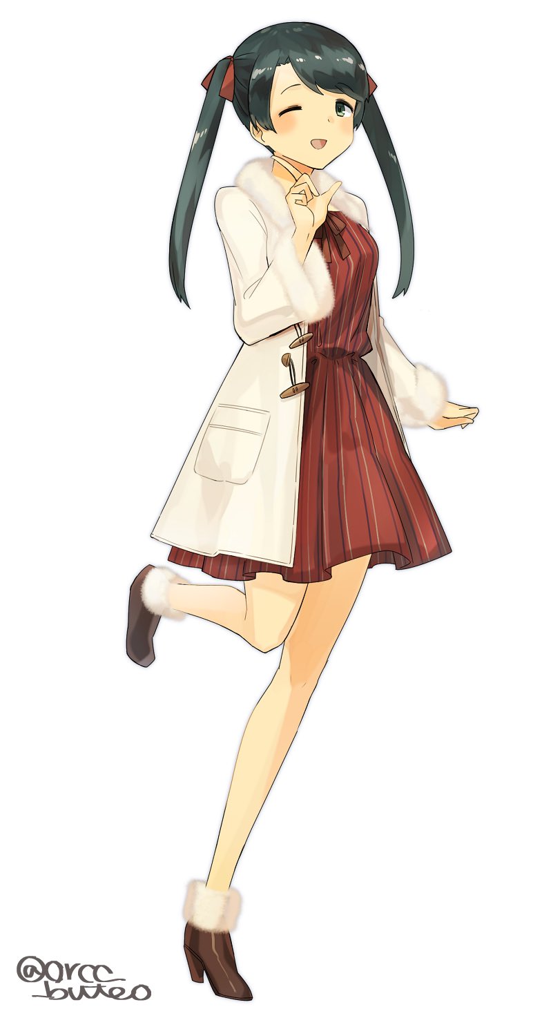 black_hair dress full_body grey_eyes highres index_finger_raised jacket kantai_collection long_hair looking_at_viewer mikuma_(kantai_collection) one_eye_closed open_mouth red_dress simple_background smile solo standing standing_on_one_leg twintails twitter_username white_background white_jacket yamashiki_(orca_buteo)