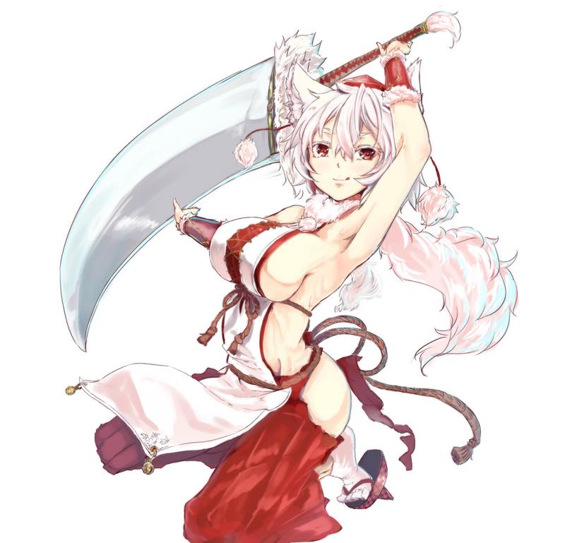 animal_ears arm_up armpits breasts caesar8149 commentary_request fur_collar geta hair_between_eyes hat inubashiri_momiji japanese_clothes jpeg_artifacts kneeling large_breasts licking_lips looking_at_viewer no_bra red_eyes red_skirt rope short_hair sideboob simple_background skirt smile socks solo sword tengu-geta tokin_hat tongue tongue_out touhou weapon white_background white_hair white_legwear wolf_ears wrist_cuffs