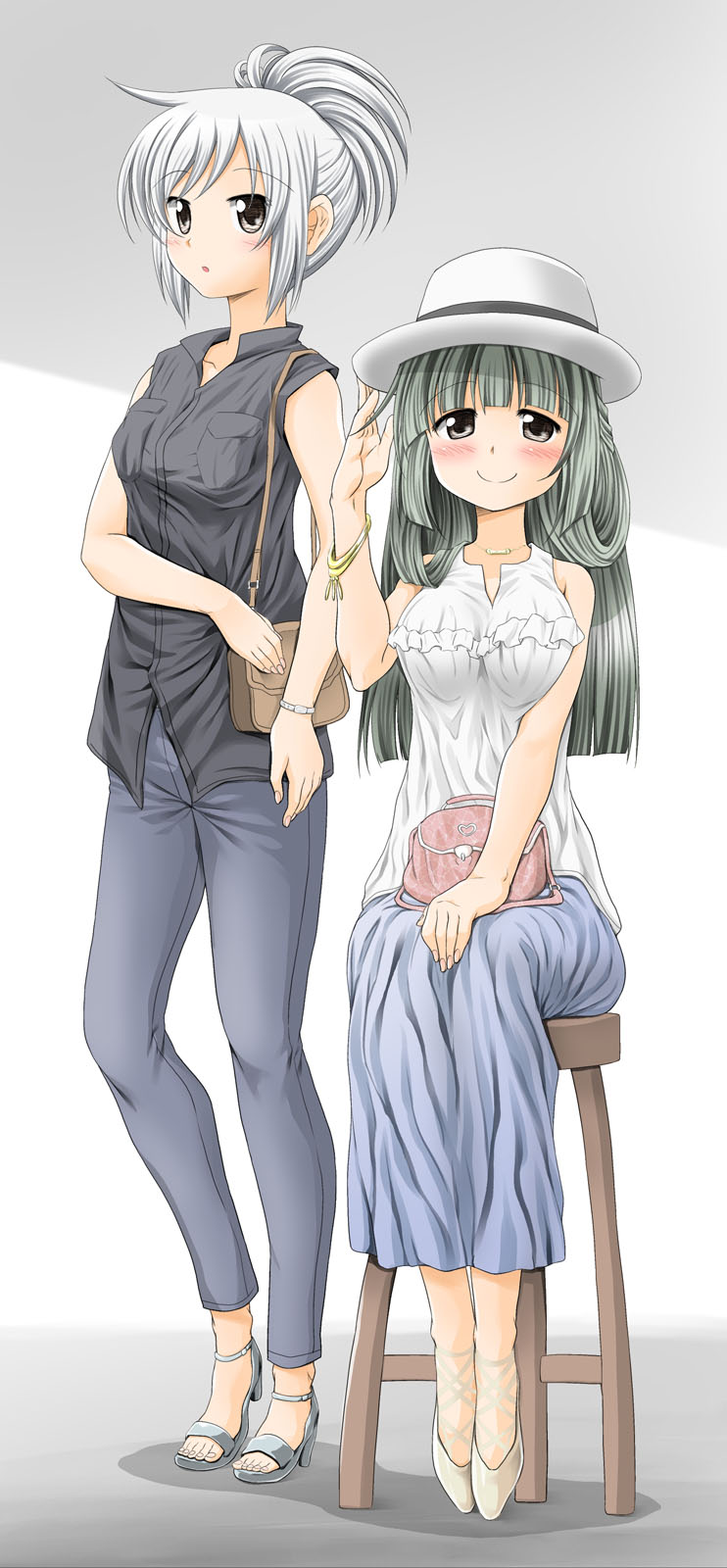 bag bangle bare_shoulders black_eyes black_shirt blue_pants blue_skirt blush bracelet breast_pocket breasts casual closed_mouth collarbone commentary_request eyebrows_visible_through_hair frilled_shirt frills full_body green_hair hand_on_headwear handbag hat hidamari_sketch high_heels highres jewelry kuwahara_(hidamari_sketch) large_breasts long_hair long_skirt looking_at_viewer multiple_girls necklace open_toe_shoes pants parted_lips pocket shadow shirt short_sleeves silver_eyes silver_hair sitting skirt sleeveless sleeveless_shirt smile standing stool white_background white_footwear white_hat white_shirt yoshinoya yoshitani_motoka