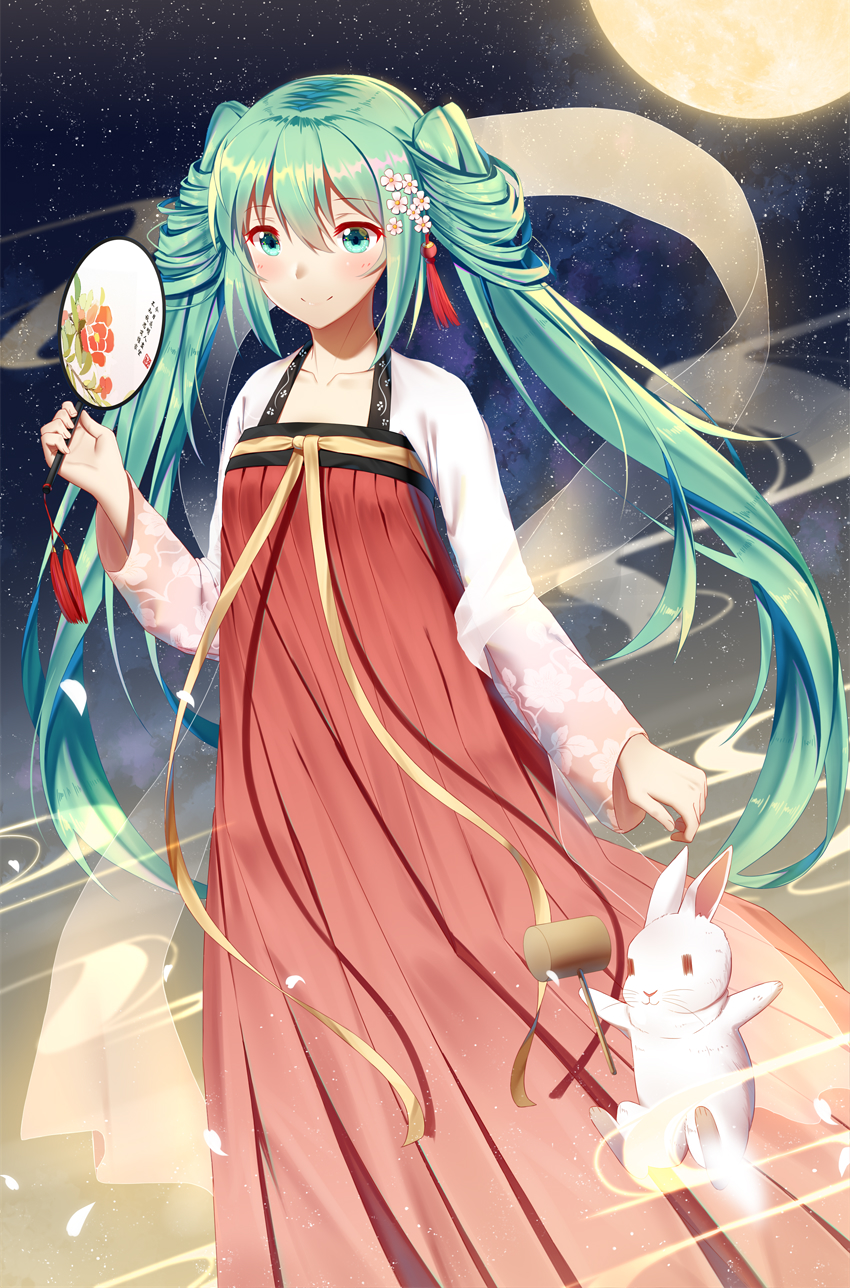 blue_eyes blue_hair blush chinese_clothes chuushuu_meigetsu_miku closed_mouth collarbone eyebrows_visible_through_hair fan feet_out_of_frame flower full_moon hagoromo hair_flower hair_ornament hanfu hatsune_miku highres holding holding_fan ji_dao_ji long_hair long_sleeves looking_at_viewer mallet moon night night_sky paper_fan see-through shawl sky smile solo star_(sky) starry_sky twintails uchiwa very_long_hair vocaloid