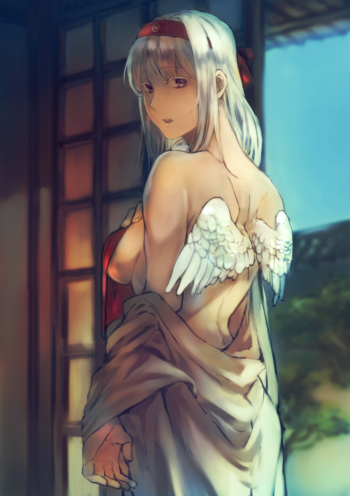 architecture arm_at_side bad_id bad_tumblr_id bangs bare_back blush breasts brown_eyes clothes_down commentary_request covering covering_breasts cowboy_shot east_asian_architecture eaves feathered_wings from_behind fukazaki hachimaki hairband hand_on_own_chest headband indoors japanese_clothes kantai_collection kimono long_hair looking_at_viewer looking_back medium_breasts nape parted_lips shouji shoukaku_(kantai_collection) shoulder_blades sideboob sidelocks sliding_doors solo tree white_hair white_wings wings