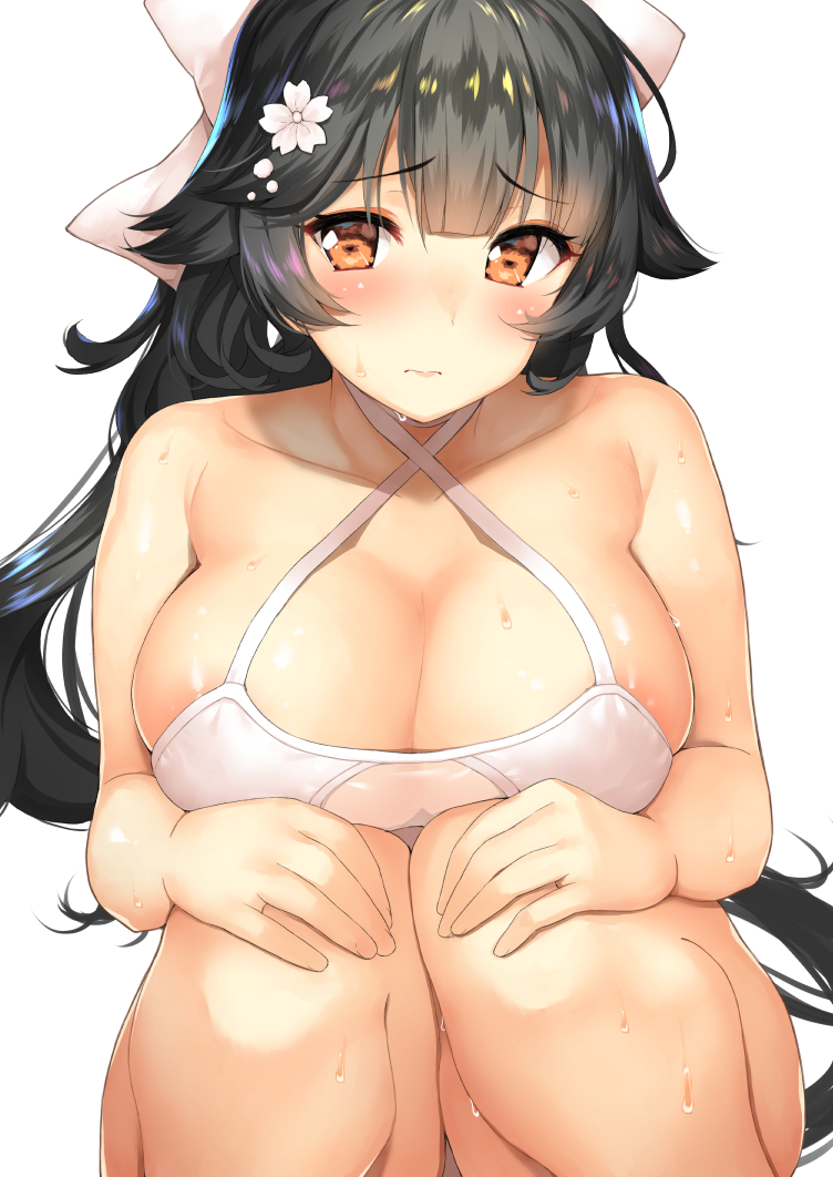 areola_slip areolae azur_lane bare_shoulders black_hair blush body_mahattaya_ginga bow breast_rest breasts brown_eyes cleavage closed_mouth criss-cross_halter eyebrows_visible_through_hair flower hair_bow hair_flower hair_ornament halterneck hands_on_own_knees large_breasts long_hair looking_at_viewer ponytail simple_background solo takao_(azur_lane) wavy_mouth wet white_background