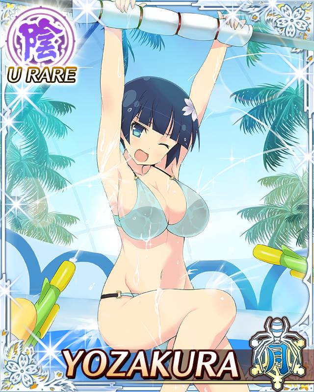 armpits bare_arms bare_legs beach bikini blue_eyes blue_hair bowl_cut breasts card_(medium) character_name cleavage day embarrassed emblem flower hair_flower hair_ornament hanging large_breasts official_art one_eye_closed open_mouth outdoors palm_tree senran_kagura senran_kagura_new_wave solo spraying swimsuit thick_thighs thighs tree water water_gun yaegashi_nan yozakura_(senran_kagura)