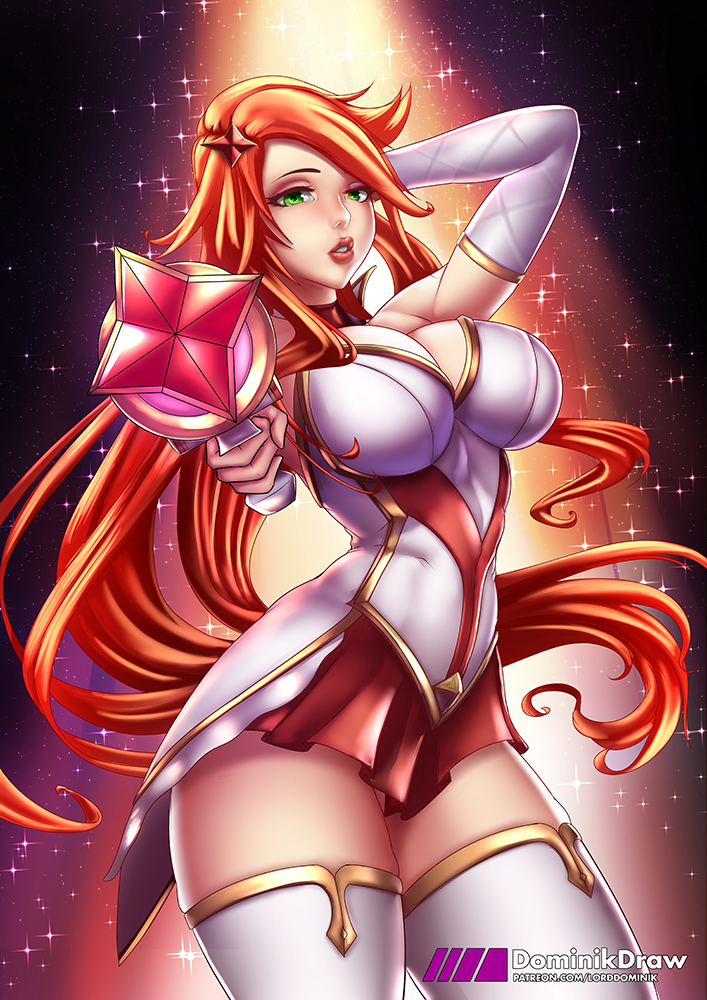 1girl alternate_costume alternate_hairstyle bare_shoulders breasts cleavage detached_sleeves dress green_eyes gun hair_ornament hair_over_one_eye handgun large_breasts league_of_legends lipstick long_hair looking_at_viewer lord_dominik magical_girl orange_hair pistol sarah_fortune short_dress solo star star_guardian_miss_fortune