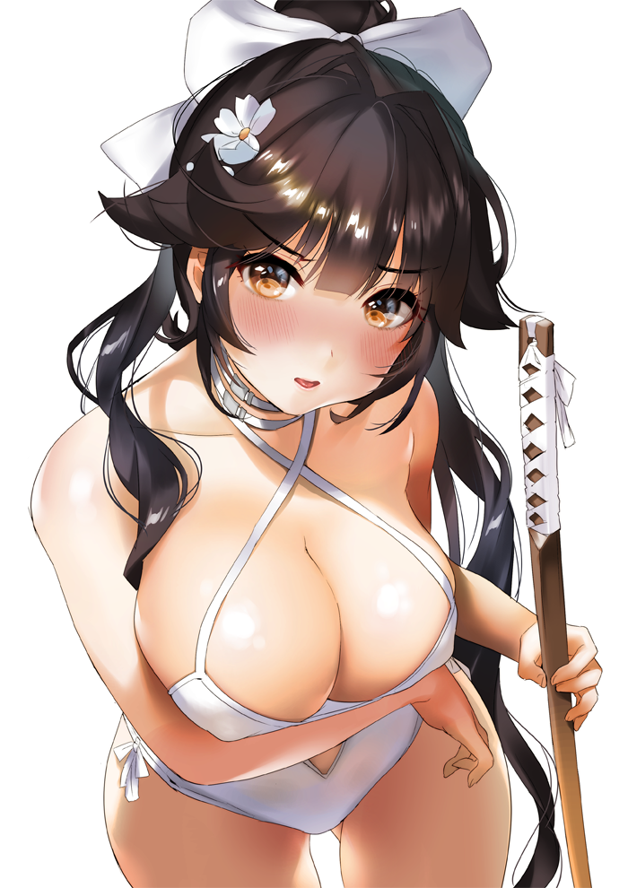 ass_visible_through_thighs azur_lane bare_shoulders bent_over black_hair blurry blurry_background blush bow breast_hold breasts brown_eyes cowboy_shot criss-cross_halter depth_of_field eyebrows_visible_through_hair flower hair_bow hair_flower hair_ornament halterneck large_breasts leaning_forward long_hair looking_at_viewer ogino_atsuki one-piece_swimsuit parted_lips simple_background solo swimsuit sword takao_(azur_lane) very_long_hair weapon white_background white_swimsuit wooden_sword