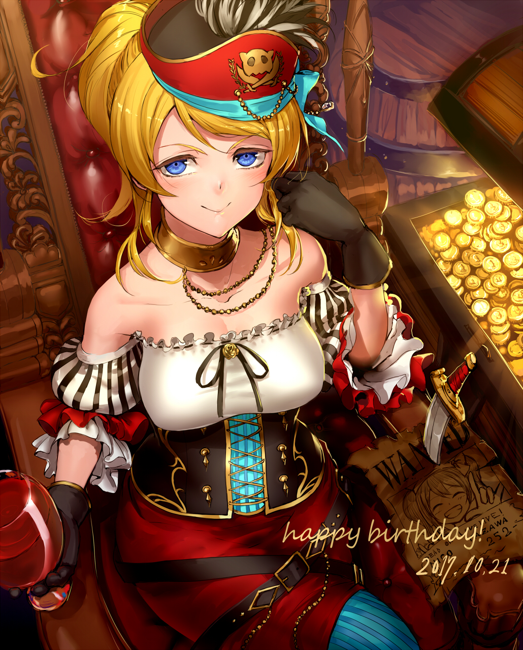 &gt;:) ayase_eli barrel belt black_gloves blonde_hair blue_eyes choker coin corset dagger dated detached_sleeves frilled_sleeves frills gloves goblet happy_birthday hat hat_feather highres jyon looking_at_viewer love_live! love_live!_school_idol_festival love_live!_school_idol_project neck_ribbon pirate pirate_hat ribbon sitting smile solo treasure_chest v-shaped_eyebrows wanted weapon yazawa_nico